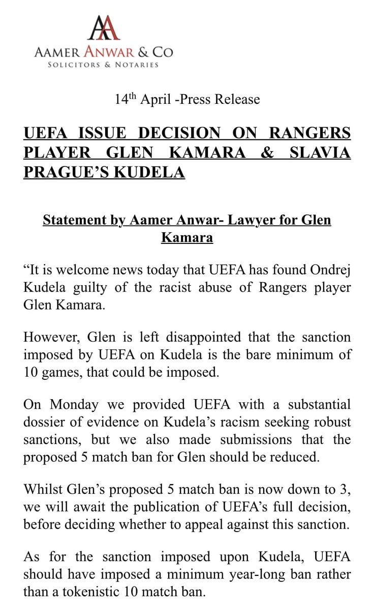 Kamara thinks ten duels suspension is a joke for Kúdela Ondrej.