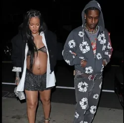 Rihanna pregnant and in a small outfit