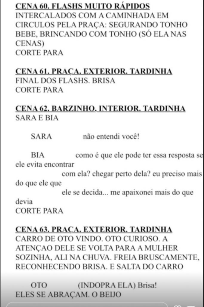Print of the script of the Brisa scene that would air, posted by Glória Perez in her Stories