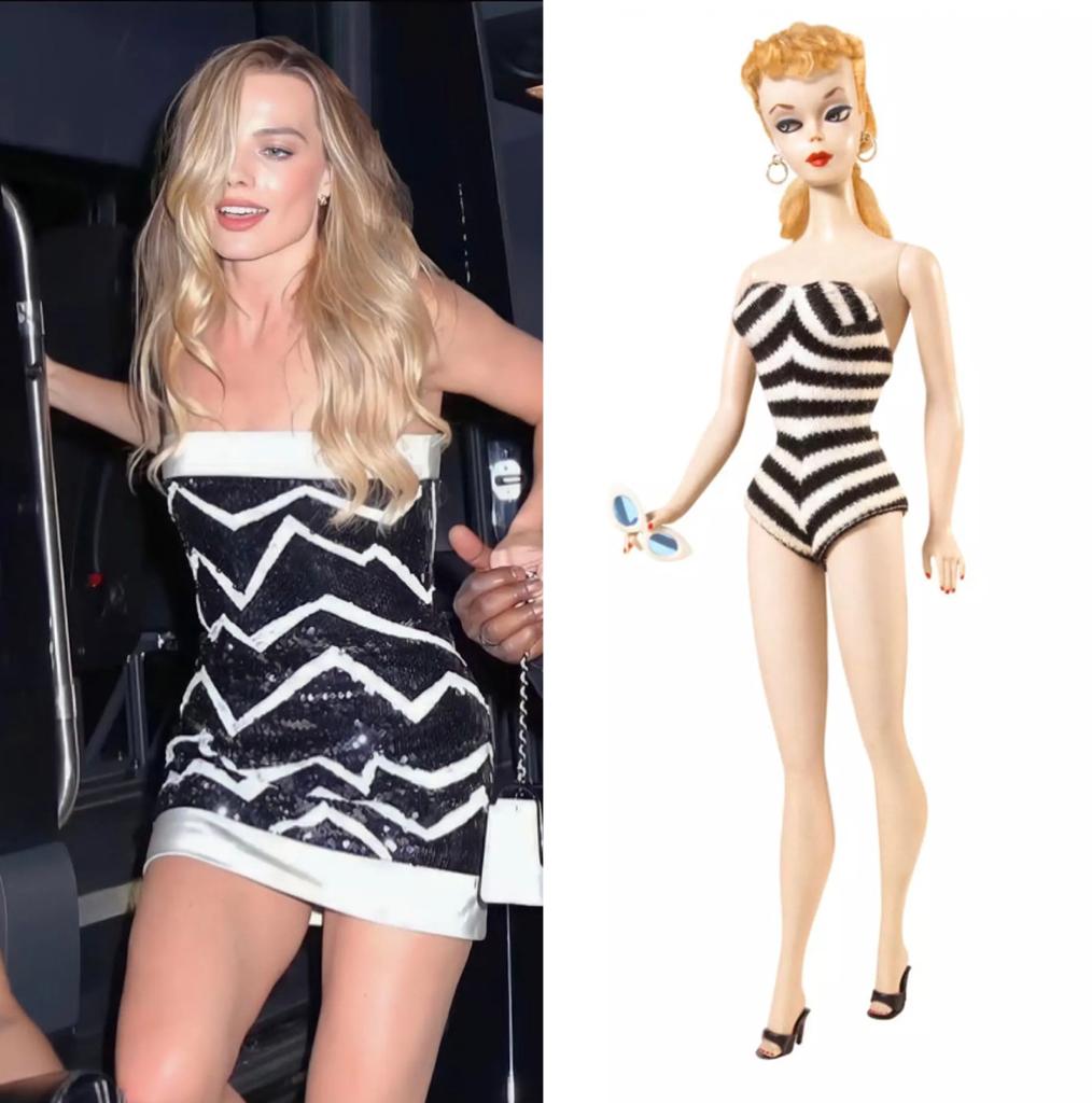 Margot Robbie wears a look inspired by a 1950s Barbie swimsuit