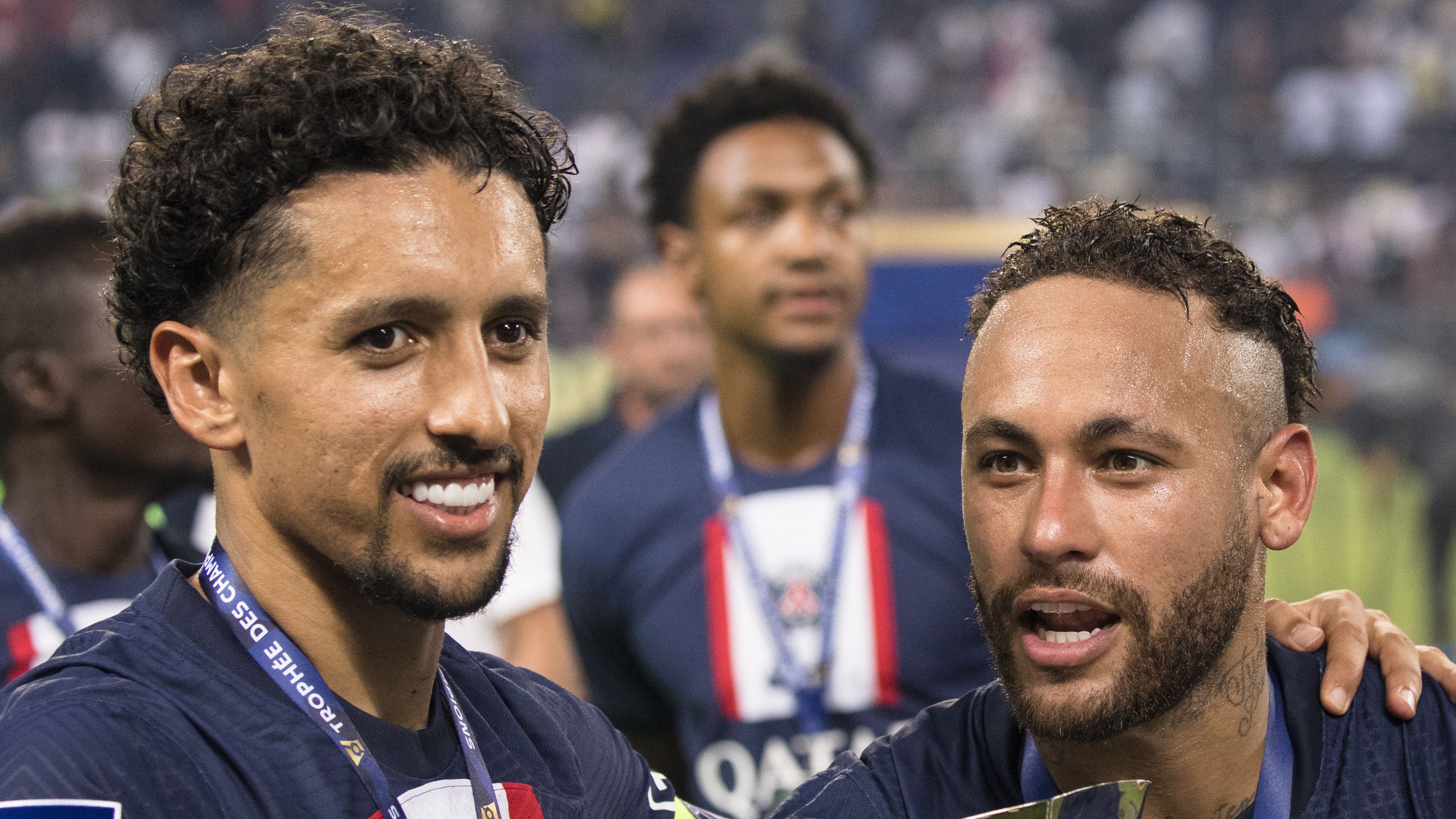 Neymar and Marquinhos after winning the French Super Cup, for PSG (Credit: Getty Images)