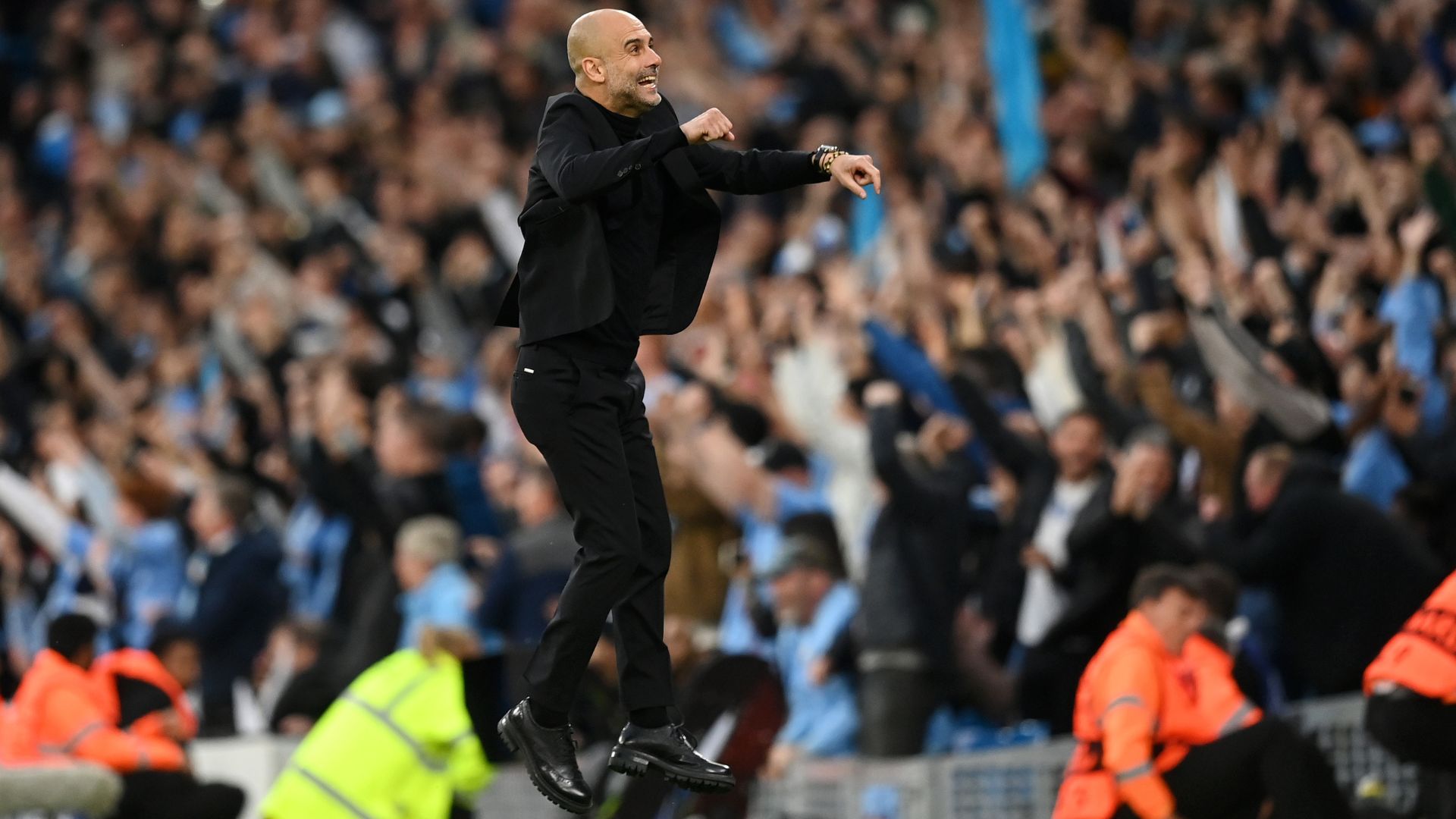 Guardiola celebrating one of the goals scored by Bernardo Silva, against Real Madrid (Credit: Getty Images)