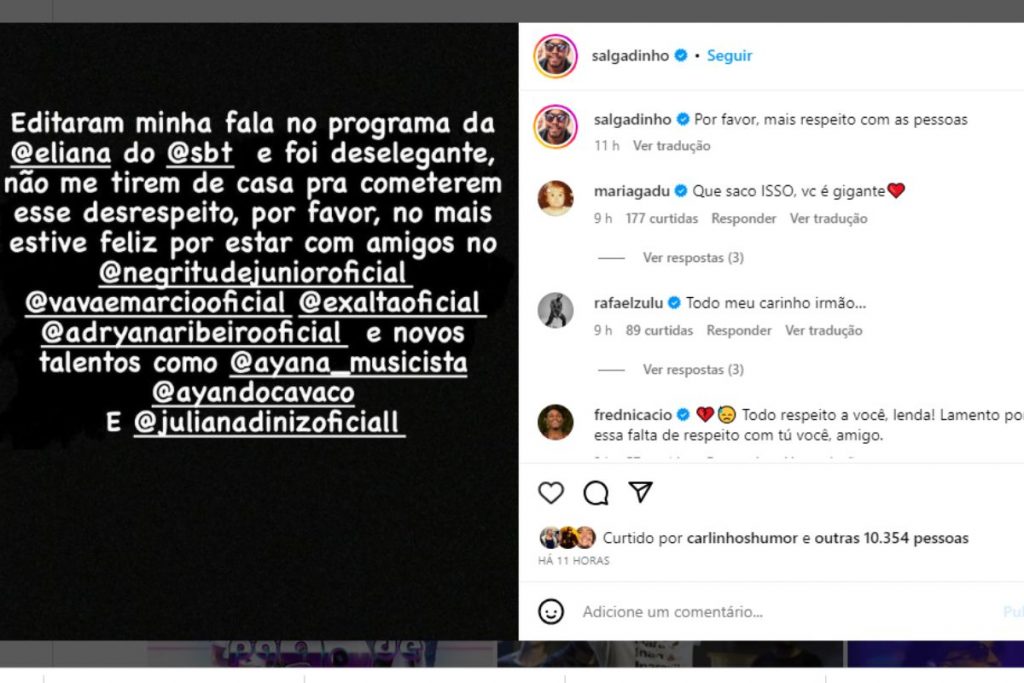 Salgadinho complains about the Eliana program in a post