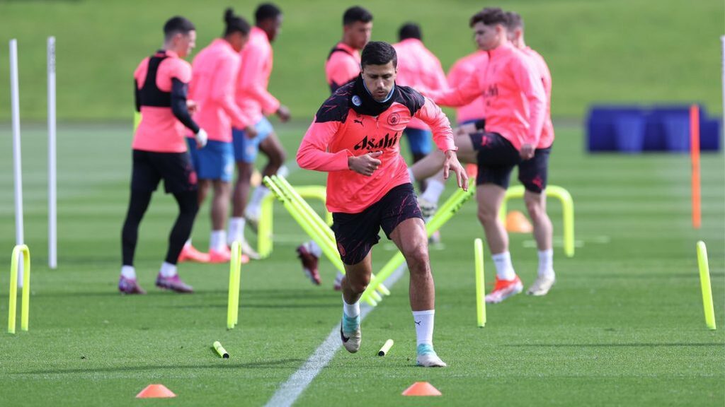 Rodri during Manchester City's last training session before facing Real Madrid (Credit: Getty Images)