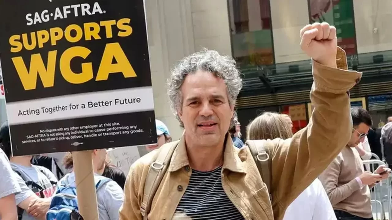 actor Mark Ruffalo at a demonstration about the actors' strike.  actor Mark Ruffalo at a demonstration about the actors' strike. 