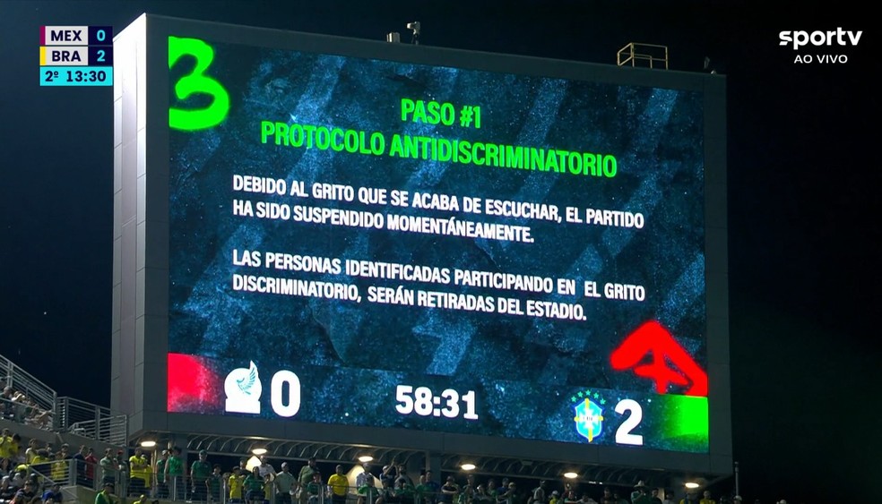 Screen displays message against homophobia in Mexico x Brazil — Photo: Reproduction / sportv