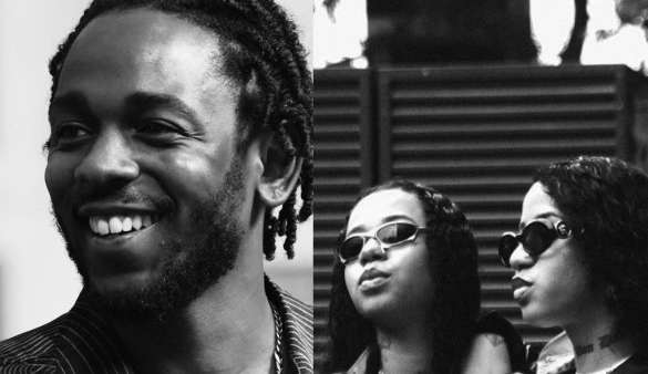 Rapper Kendrick Lamar points to the duo Tasha and Tracie