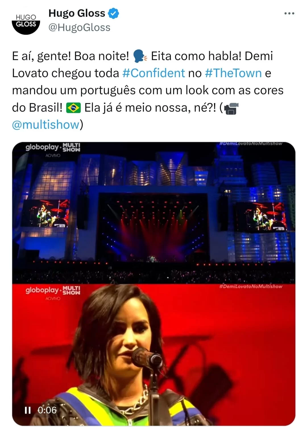 Demi Lovato salutes Brazil and opens the show with ''Confident''. (Reproduction/Twitter @hugogloss)