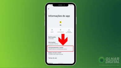 image shows arrow pointing to the cache and internal storage button in an android cell phone application