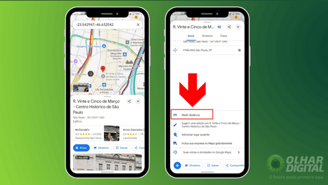 image shows the location of a point on the google maps map and the button to measure distances